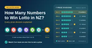 Infographic showing six coloured lotto balls plus a bonus ball beside a chart of NZ Lotto's seven prize divisions, from matching all 6 numbers for Division 1 down to matching 3 numbers for Division 7.