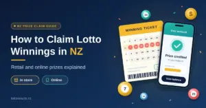 Illustration of a winning paper lotto ticket next to a smartphone showing a prize credited to an online account, with the heading "How to Claim Lotto Winnings in NZ" and the subtitle "Retail and online prizes explained".
