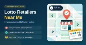 Illustrated street map with a location pin over a shop signed "Lotto Sold Here", a Lotto ticket and a 7:30 pm sales cut-off clock, next to the title "Lotto Retailers Near Me: Finding authorised NZ lottery outlets".